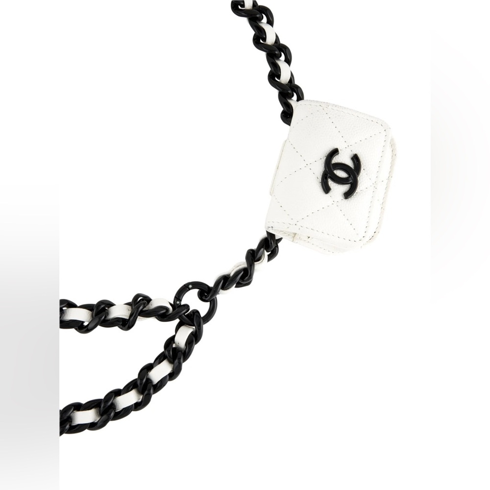 Authentic CHANEL White Quilted Mini Belt bag with Black Chain Strap AirPod Case